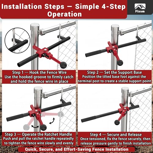 Chain Link Fence Stretcher Tool, Ratcheting Wire Fence Tightener & Puller for Woven Wire Fence, 3″–12″ Tension Range, 5° Tilted Base & Hooked Groove, One-Hand Operation for Farm & Yard, Red - color: Red