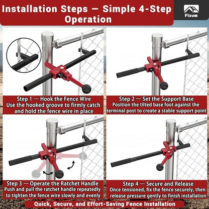 Chain Link Fence Stretcher Tool, Ratcheting Wire Fence Tightener & Puller for Woven Wire Fence, 3″–12″ Tension Range, 5° Tilted Base & Hooked Groove, One-Hand Operation for Farm & Yard, Red - color: Red