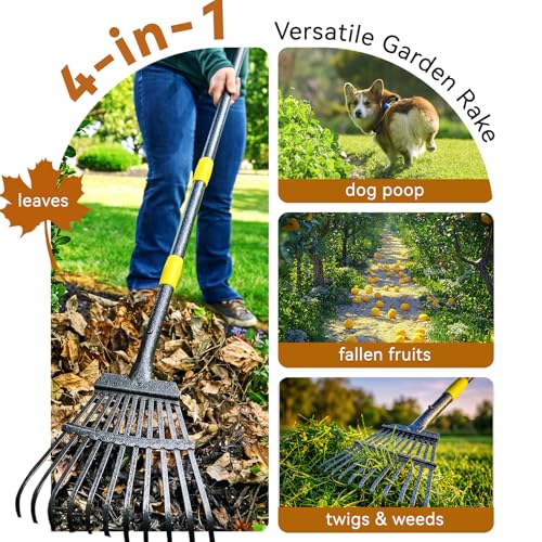 Rake, Garden Leaf Rakes for Lawns Heavy Duty, Yard Metal Rake Tools with 9" Small Narrow Rake Head, 65” Adjustable Long Handle, 11 Steel Tines, Quick Clean up Rake for Shrub, Flower Bed, Camping - style: 5 FT