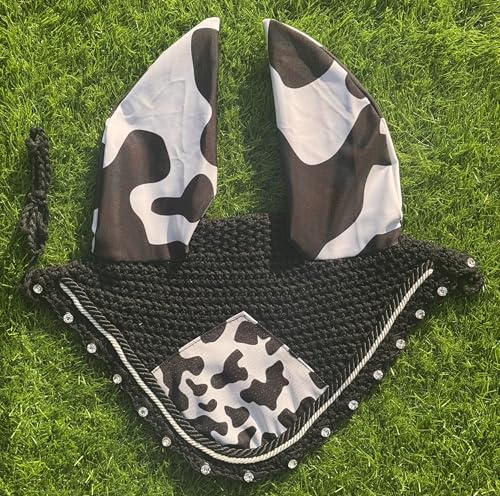 Elegant Cow Print Horse Ear Bonnet, Fly Veil & Fly Mask – Fly Protection with Style and Comfort for Every Ride (Pony) - size: PONY
