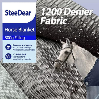 1200D Winter Horse Blanket,300g Fill,Black/Gray 66'' - color: Black/Grey 300g Fill, size: 66''