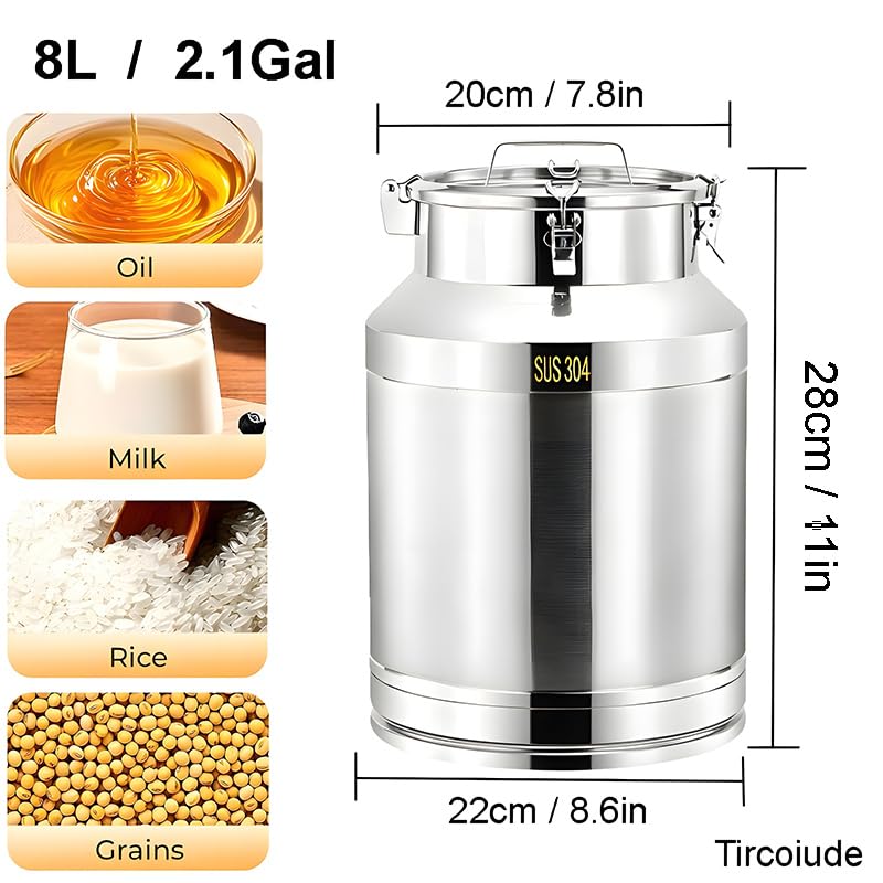 304 Stainless Steel Milk Can, 8L / 2.1Gal Heavy Duty Milk Transport Cans, Wine Pail Bucket with Sealed Lid,Metal Water Beverage Drink Dispenser, Airtight Food Storage Container for Home - size: 8L