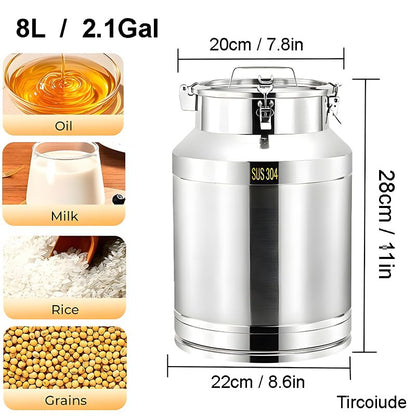 304 Stainless Steel Milk Can, 8L / 2.1Gal Heavy Duty Milk Transport Cans, Wine Pail Bucket with Sealed Lid,Metal Water Beverage Drink Dispenser, Airtight Food Storage Container for Home - size: 8L