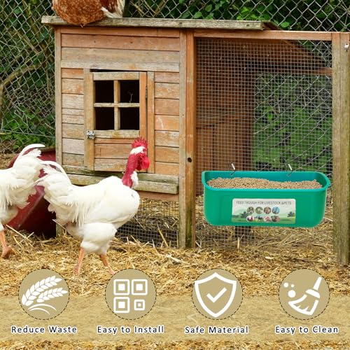 10 Pack Fence Feed Feeder 4.5 Quart Hanging Chicken Feeder Trough with Brush & Scoop Green Goat Hanging Fence Feeders Feeder with Hooks Screws & Zip Tie for Livestock Feeding Container Goats Supplies - color: Green, size: 10 Pack