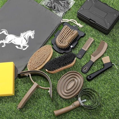 Abbylike 12 Pieces Horse Grooming Kit Equine Care Brushes, Dark Gray - color: Dark Gray