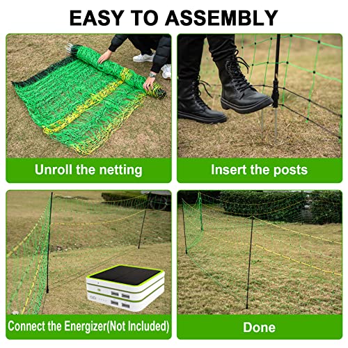 TMEE Electric Goat Sheep Fencing Livestock Netting Fence with 14 Posts, Double Spiked, Portable Mesh for Lambs, Deer, Hogs, Dogs, 35.5" H x 164' L, Green - size: 35.5" H
