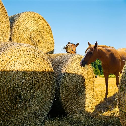 FRUITEAM 6 * 6 ft Round Bale Hay Net for Horses, Round Bale Feeder with 2 inch Hole, Hay Nets for Horses, Goats and Cattles, Knotless Design - Mouth-Safe for Horses with Repair Tool