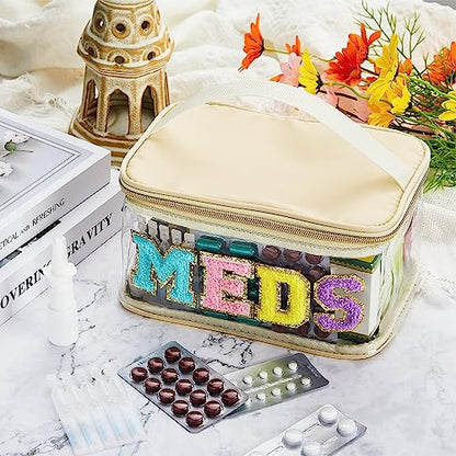 Geetery Chenille Letter Bag, Meds Cheer Travel Cases Cheerleader Gifts Cosmetic Bag Nylon Makeup Portable Preppy Patch with Zipper Toiletry Storage Case for Women(Beige,Stylish Meds) - color: Beige, style: Stylish Meds