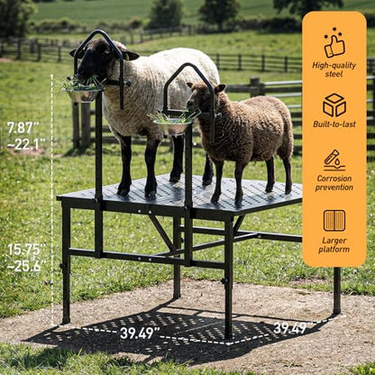 Goat Milking Stand,1000LBS Metal Goat Stand with Feed Bin,Headpiece, Livestock Trimming Stand with Adjustable Height 15.7" to 25.6", Dual-Table Design Sheep Stand for Goats and Lambs, Black