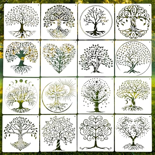 16 Pcs Tree of Life Stencils for Painting, Wood Signs and Journals 6 Inch - color: Tree