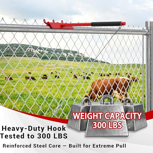 Chain Link Fence Top Rail Tensioner Tool, Heavy-Duty Steel Stretcher with 3 Hooks & 28" Cable Hook, 300 lbs Pull Capacity, Easy One-Person Installation, Red, 2PC - color: Red