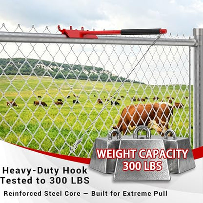 Chain Link Fence Top Rail Tensioner Tool, Heavy-Duty Steel Stretcher with 3 Hooks & 28" Cable Hook, 300 lbs Pull Capacity, Easy One-Person Installation, Red, 2PC - color: Red