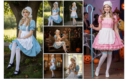 Adult Shepherdess Costume Set with Bonnet White Stockings With Blue Bow Plush Sheep Bag Shepherd's Crook (Bonnet+Stockings+Sheep Bag+Sheephook)