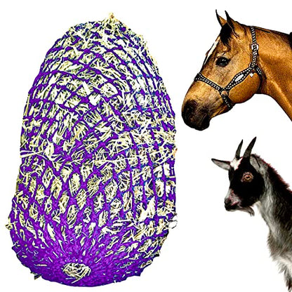 Majestic Ally 1.25”x1.25” Holes Ultra Slow Feed 40” Very Sturdy Hay Net with Bottom Ring for Goat, Sheep, Simulate Grazing and Reduces Waste (Purple) - color: Purple