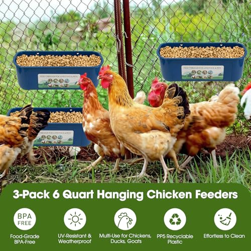 3 Pack 6 Quart Chicken Duck Feeder Trough, Blue - color: blue