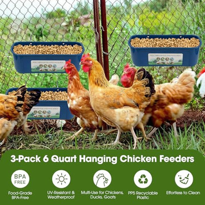 3 Pack 6 Quart Chicken Duck Feeder Trough, Blue - color: blue