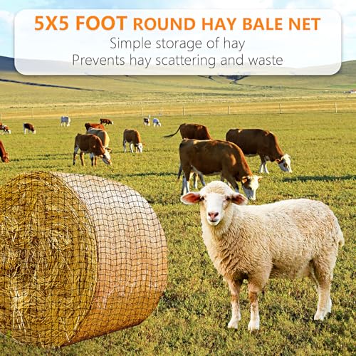 5x5 ft Round Bale Hay Net for Horses & Livestock - Slow Feeder Hay Nets with 2 inches Hole - color: Black-Red