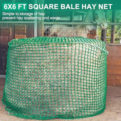 6x6 ft Square Bale Hay Net - Large Slow Feeder for Horses & Livestock, Knotless Design Slow Feeder Hay Nets, Fits 4x4ft 5x5ft 6x6ft Round & 3x3x8ft 4x4x8ft 5x5x8ft Square Bales (Green-Square) - color: Green-Square