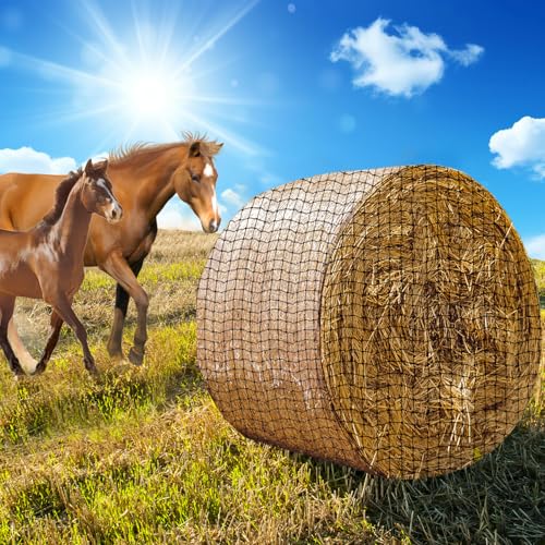5x5 ft Round Bale Hay Net for Horses & Livestock - Slow Feeder Hay Nets with 2 inches Hole - color: Black-Red