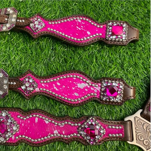 Western One Ear Leather Headstall and Breast Collar Tack Set with Rhinestones, Pink Silver Metallic Acid Wash Cowhide Look, Full Average Size Horse