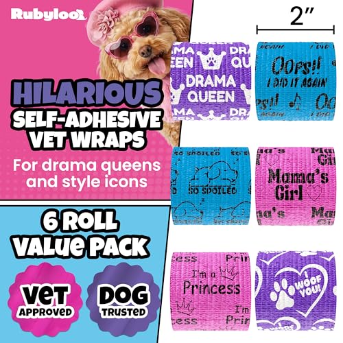 Funny Vet Wrap for Dogs, 2in Self-Adhesive Bandage Tape, 6 Pack Girls | Dog first aid kit supplies; Hot Spot & Wound Wrap; Breathable; Easy Tear; Individually Wrapped; Sticks to Itself, Not Fur - color: Drama Queen (6 Count)