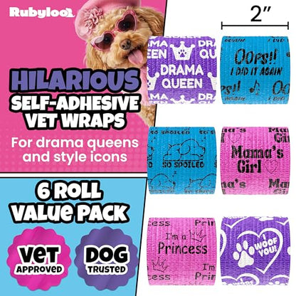Funny Vet Wrap for Dogs, 2in Self-Adhesive Bandage Tape, 6 Pack Girls | Dog first aid kit supplies; Hot Spot & Wound Wrap; Breathable; Easy Tear; Individually Wrapped; Sticks to Itself, Not Fur - color: Drama Queen (6 Count)