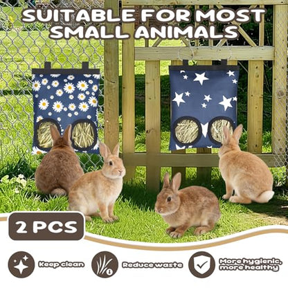 2 Pack Rabbits Hay Feeder Bag, 2 Holes Hanging Bunny Hay Feeder Guinea Pig Feeding Bag Storage Dispenser for Bunny Rabbits Chinchillas Hamsters Small Pets and Animals - color: Blue