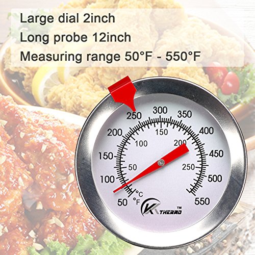 KT THERMO Candy/Deep Fry Thermometer with Instant Read,Dial Thermometer,12" Stainless Steel Stem Meat Cooking Thermometer,Best for Turkey,BBQ,Grill,Analog display - color: 1-pack
