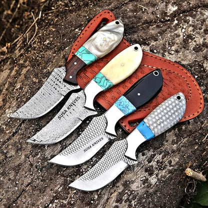 Custom Handmade 7'' fixed blade hoof rasp knife Cow boy knife Turquoise Handle Damascus steel Bull cutter, cowboy knives with pancake leather sheath (BONE) - color: BONE