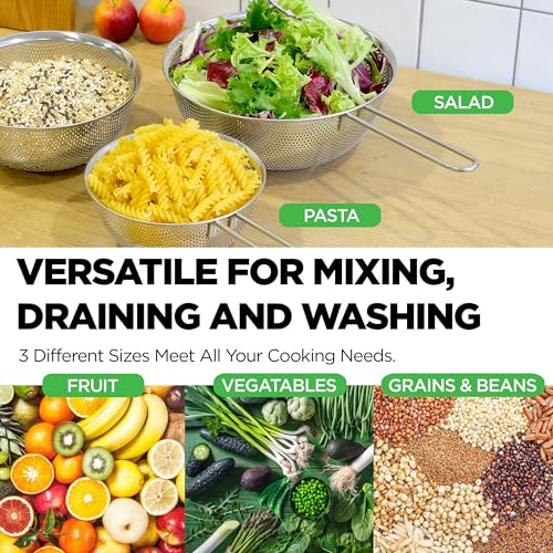Stainless Steel Colander Set of 3, 1.5/2.5/4 Qt, Long Handle - size: 1.5+2.5+4QT Strainer