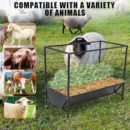 Heavy Duty 2-in-1 Hay and Grain Feeder Trough – 30 Gallon Black Steel Livestock Feeder – Sturdy, Powder Coated – Perfect for Calves, Sheep, Horses, Goats – for Farm and Pasture Use –