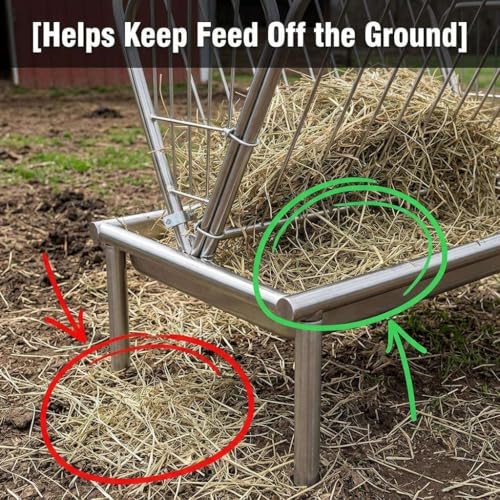 Heavy Duty Hay Rack and Grain Pan, 2 in 1 Livestock Feeder, Freestanding Farm Feeder. for Barn and Pen Feeding, Durable Galvanized Steel for Goats Sheep Calves