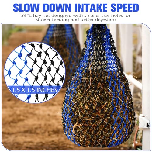 2 Pcs Slow Feed Hay Bag 36 Inch Ultra Slow Hay Feeders 1.5 x 1.5 Inch Holes Hay Nets for Horses Goat Livestock Horse Supplies, Black and Blue