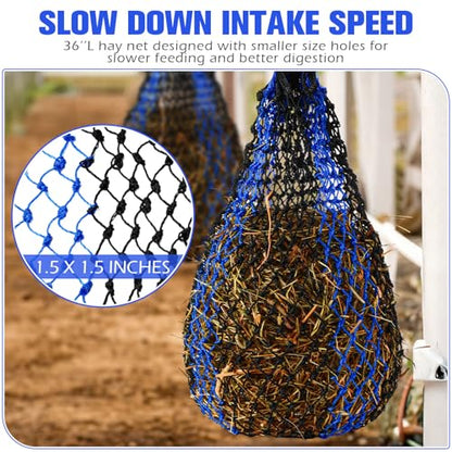 2 Pcs Slow Feed Hay Bag 36 Inch Ultra Slow Hay Feeders 1.5 x 1.5 Inch Holes Hay Nets for Horses Goat Livestock Horse Supplies, Black and Blue