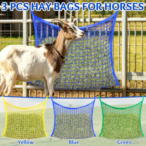 YedsIntu 3 Pcs Hay Bags for Horses, Slow Feed Hay Nets for Horses Goat Sheep, Large Capacity Hay Feeder for Stall, Trailer, Pasture - size: 3PCS-Green,Yellow,Blue