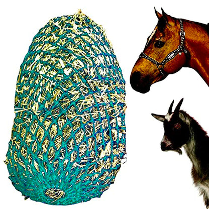 Majestic Ally 1.25”x1.25” Holes Ultra Slow Feed 40” Very Sturdy Hay Net with Bottom Ring for Goat, Sheep, Simulate Grazing and Reduces Waste (Turquoise) - color: Turquoise