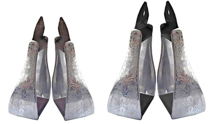 Aluminum Engraved 4.75" Adult Western Horse Bell Stirrups with Original Leather - color: Black Leather