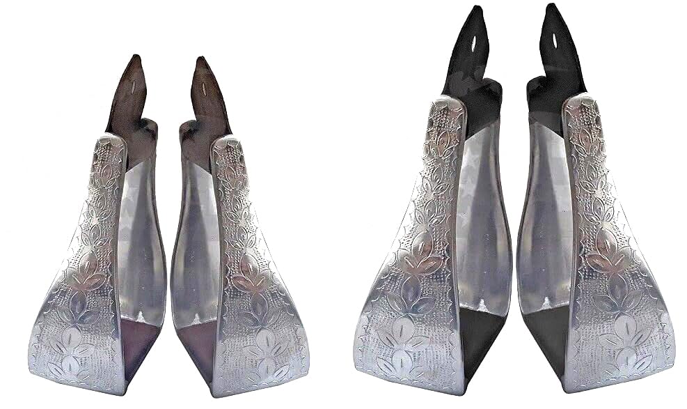 Aluminum Engraved 4.75" Adult Western Horse Bell Stirrups with Original Leather - color: Brown Leather