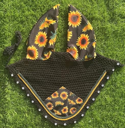 Elegant Sun Flower Horse Ear Bonnet, Fly Veil & Fly Mask – Fly Protection with Style and Comfort for Every Ride (Pony)