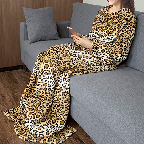 Catalonia Wearable Blanket with Sleeves for Women & Men, Fleece Wrap Throw - color: Cheetah