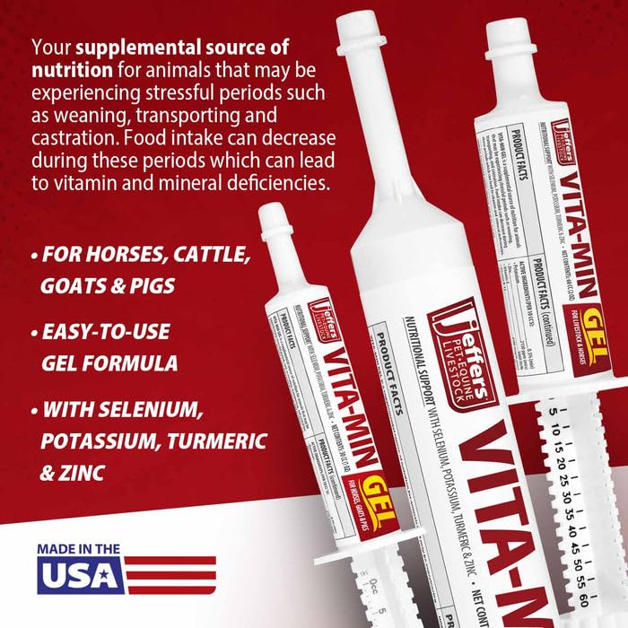 Jeffers Vita-Min Gel for Livestock & Horses – Multivitamin & Mineral Supplement with Selenium, Zinc, Potassium & Turmeric – Easy Oral Gel for Cattle, Goats, Sheep & Pig – 30 cc (1 oz) Tube - size: 30 cc