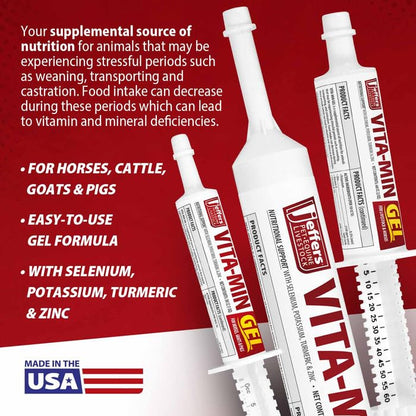 Jeffers Vita-Min Gel for Livestock & Horses – Multivitamin & Mineral Supplement with Selenium, Zinc, Potassium & Turmeric – Easy Oral Gel for Cattle, Goats, Sheep & Pig – 30 cc (1 oz) Tube - size: 30 cc