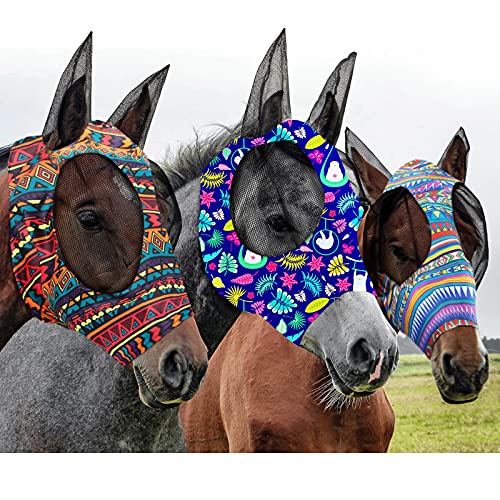 Frienda 3 Pieces Horse Fly Mask with Ears Adjustable UV Protection Breathability Horses Fly Masks Elasticity Smooth Comfortable Equine Face Covering(L) - size: L