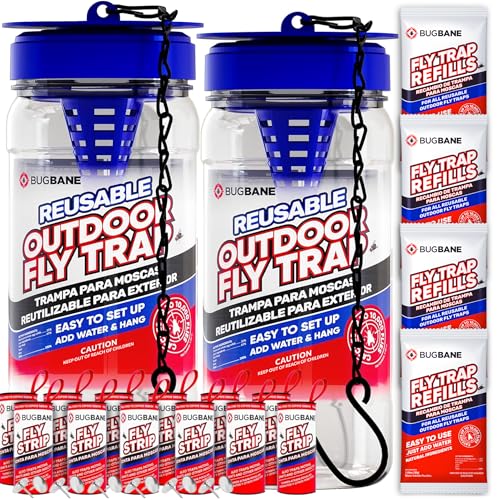 2 Fly Traps Outdoor Fly Trap for Patio with 4 Non-Toxic Dissolvable Bait Refills and 12 Sticky Ribbons. Reusable Hanging Bug Catcher Killer for All Filth Flies for Outside Bug Control Yard Ranch