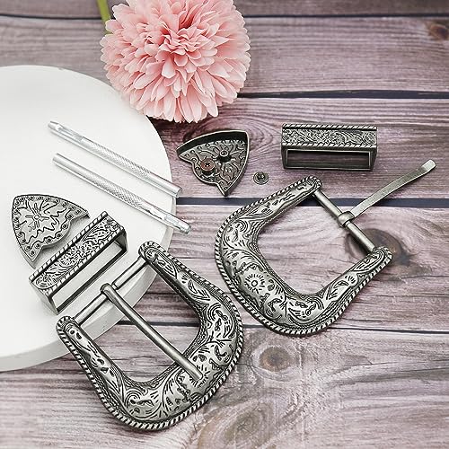 QuneusHot 6 Pieces Cowboy Replacement Belt Buckle Set 1.5"(38mm) Strap Western Floral Engraved Silver Buckles for Men Women - color: Antique Silver
