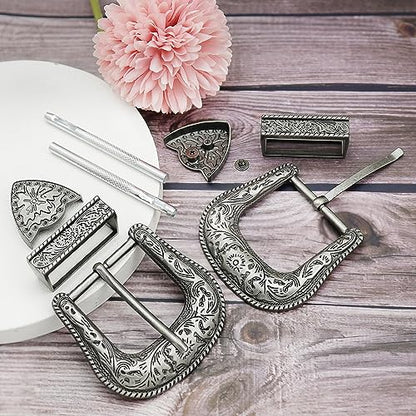 QuneusHot 6 Pieces Cowboy Replacement Belt Buckle Set 1.5"(38mm) Strap Western Floral Engraved Silver Buckles for Men Women - color: Antique Silver