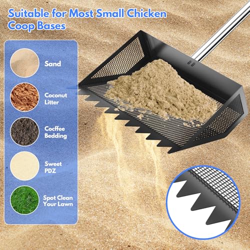 VEEMI Chicken Poop Scooper Rake 2-in-1,304 Stainless Steel Shovel Head, Chicken Litter Scoop with Handle for Chicken Coop for Sand, Pet Waste Cleaning, Litter Sifting Shovel (35 to 65") - color: Black