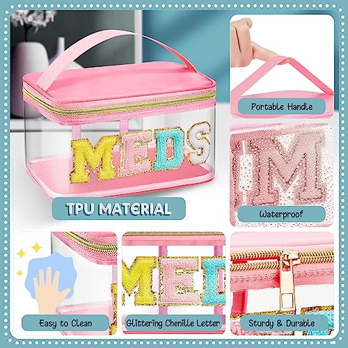 Geetery Chenille Letter Bag, Meds Cheer Travel Cases Cheerleader Gifts Cosmetic Bag Nylon Makeup Portable Preppy Patch with Zipper Toiletry Storage Case for Women(Pink,Meds) - color: Pink, style: Meds