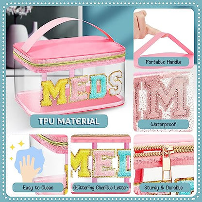 Geetery Chenille Letter Bag, Meds Cheer Travel Cases Cheerleader Gifts Cosmetic Bag Nylon Makeup Portable Preppy Patch with Zipper Toiletry Storage Case for Women(Pink,Meds) - color: Pink, style: Meds