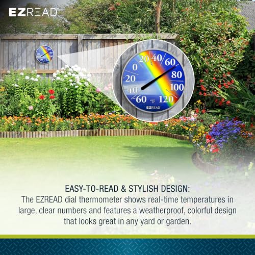 EZREAD Hanging Dial Thermometer 840-1220 Weather Thermometers for Indoor and Outdoor Use, Large 12.5 Inch Diameter, Easy to Read Numbers, Rainbow, Blue/Red/Yellow - color: Rainbow